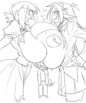 2girls breast_press breasts cow_girl gigantic_breasts graph_(graphiteknight) highres mattie mattie_(ego_trigger) multiple_girls paizuri_invitation raine_(ego_trigger)