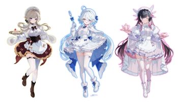 3girls :d absurdres ahoge alternate_costume apron black_hair blue_eyes blue_gemstone blue_pupils blue_streaks blush boots bow bowtie breasts brown_boots brown_hair cake cake_slice capelet closed_eyes closed_mouth columbina_(genshin_impact) comiket_107 commentary_request cup drop-shaped_pupils food fork frilled_apron frills fur-trimmed_capelet fur_trim furina_(genshin_impact) garter_straps gem genshin_impact gloves hair_between_eyes hand_on_own_hip hand_up heterochromia highres holding holding_fork holding_tray long_hair long_sleeves looking_at_viewer medium_breasts multicolored_hair multiple_girls open_mouth purple_hair red_gemstone red_skirt riku_(rrr_gns) sandrone_(genshin_impact) shirt shoes simple_background skirt smile streaked_hair symbol-shaped_pupils teacup teapot thighhighs tray very_long_hair waist_apron white_apron white_background white_bow white_bowtie white_capelet white_garter_straps white_gloves white_hair white_shirt white_shoes white_thighhighs