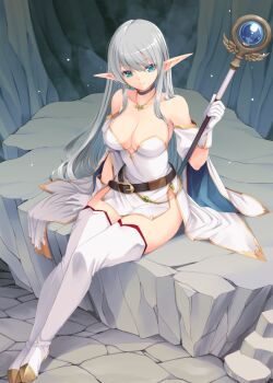 1girl aqua_eyes belt belt_buckle black_choker boots breasts brown_belt buckle choker cleavage commentary_request detached_sleeves dress elf gloves gold_necklace grey_hair holding holding_staff jewelry kirishima_satoshi large_breasts long_hair long_pointy_ears mage_staff necklace original pointy_ears short_dress sitting smile solo staff strapless strapless_dress thigh_boots white_boots white_gloves