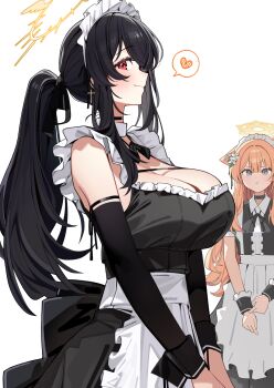 2girls absurdres animal_ears apron bare_shoulders black_bow black_bowtie black_dress black_hair blue_archive blue_eyes blush bow bowtie breasts cat_ears choker cleavage detached_collar detached_sleeves dress earrings hair_over_one_eye halo highres hinata_(blue_archive) jewelry large_breasts long_hair looking_at_viewer maid maid_apron maid_headdress mari_(blue_archive) multiple_girls muo_(muojjang_0929) orange_hair ponytail pout red_eyes short_sleeves smile wrist_cuffs yellow_halo