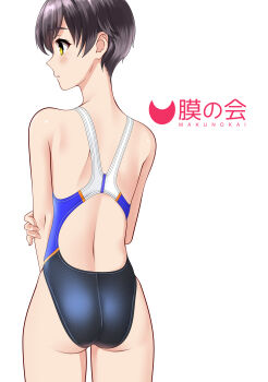 1girl absurdres ass black_hair commentary_request competition_swimsuit from_behind highleg highleg_one-piece_swimsuit highres logo looking_to_the_side multicolored_swimsuit one-piece_swimsuit original racerback short_hair simple_background solo swimsuit takafumi tomboy white_background