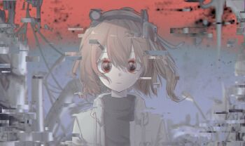 1girl a.i._voice adachi_rei black_shirt closed_mouth coat expressionless hair_ornament hair_ribbon hairclip headset highres l_mipa lamppost looking_at_viewer muted_color one_side_up orange_eyes orange_hair power_lines ribbon shirt short_hair solo static straight-on turtleneck upper_body utau white_coat