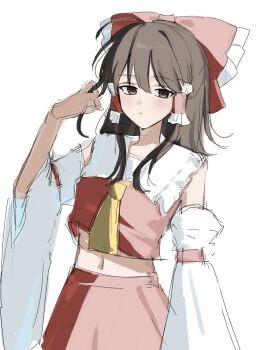 1girl ascot blush bow brown_eyes brown_hair closed_mouth commentary_request detached_sleeves frilled_bow frilled_hair_tubes frills hair_bow hair_tubes hakurei_reimu highres long_hair looking_at_viewer mati100311 midriff navel red_bow red_skirt simple_background sketch skirt skirt_set solo touhou white_background yellow_ascot