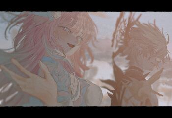 1boy 1girl alternate_form artist_name bare_shoulders black_border blonde_hair blue_eyes blue_flower blue_rose blue_sky blurry blurry_background blush border breasts cloud cloudy_sky commentary cyrene_(honkai:_star_rail) cyrene_(ripples_of_past_reverie)_(honkai:_star_rail) day dress fingernails floating_hair flower from_side hair_between_eyes hair_flower hair_ornament halo halo_behind_head hand_up hashtag-only_commentary highres honkai:_star_rail honkai_(series) long_hair long_hair_between_eyes looking_at_viewer medium_breasts multicolored_eyes multicolored_hair official_alternate_costume official_alternate_eye_color official_alternate_hair_color official_alternate_hairstyle open_mouth outdoors phainon_(honkai:_star_rail) phainon_(khaslana)_(honkai:_star_rail) pink_hair purple_eyes rose short_hair shoulder_spikes sidelocks sky sleeveless sleeveless_dress smile spikes streaked_hair teeth upper_body watermark white_dress white_flower white_hair white_rose y9iii1 yellow_eyes