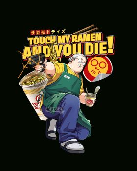 1boy aiming apron black_sandals blue_pants chopsticks commentary english_commentary english_text facial_hair food full_body glasses green_apron grey_hair gun hair_bun heyreza.art highres holding holding_gun holding_weapon instant_cup_noodles male_focus mustache nissin_cup_noodle noodles on_one_knee opaque_glasses pants round_eyewear sakamoto_days sakamoto_taro sandals shirt single_hair_bun socks solo t-shirt watermark weapon white_socks yellow_shirt