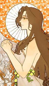 1girl aerith_gainsborough aerith_gainsborough_(white_floral_dress) allois art_nouveau bare_arms bare_shoulders brown_hair closed_mouth commentary dress dress_flower english_commentary final_fantasy final_fantasy_vii final_fantasy_vii_rebirth final_fantasy_vii_remake flower green_eyes halo highres lily_(flower) long_hair official_alternate_costume own_hands_clasped own_hands_together parted_bangs praying rose sidelocks solo strapless strapless_dress upper_body white_dress yellow_flower yellow_rose