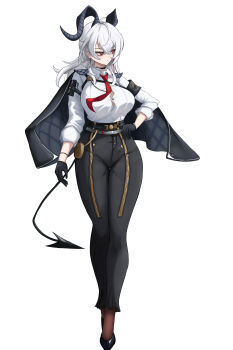 1girl absurdres ahoge arm_pouch armband black_armband black_choker black_gloves black_horns black_jacket black_pants black_shoes black_tail breasts button_gap chest_harness choker closed_mouth collared_shirt commentary_request curled_horns demon_tail earrings full_body gloves hair_between_eyes hand_on_own_hip harness high-waist_pants highres horns jacket jacket_on_shoulders jewelry key_earrings korean_commentary large_breasts long_hair mole mole_under_eye multicolored_hair necktie pants partial_commentary red_eyes red_necktie shirt shirt_tucked_in shoes simple_background small_chair_(xiaosaiyi33818) solo streaked_hair tail tight_clothes tight_pants white_background white_hair white_shirt wuthering_waves zani_(wuthering_waves)