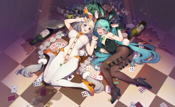 3girls ahoge alcohol alternate_tattoo animal_ear_hairband animal_ears aqua_hair aqua_nails arm_tattoo black_bow black_hairband black_leotard black_pantyhose black_shoes black_wrist_cuffs blush bottle bow bow_legwear braid breasts bunny_day card checkered_floor clothing_cutout commentary_request crotch_cutout cup drinking_glass fake_animal_ears fake_tail frilled_leotard frills glass_bottle groin hair_ornament hair_scrunchie hairband hairclip hatsune_miku high_heels highres impossible_clothes impossible_leotard kizuna_akari knees_together_feet_apart large_breasts leotard long_hair lying multiple_girls nail_polish number_tattoo on_back on_side open_mouth orange_shoes pantyhose playboy_bunny playing_card poker_chip rabbit_ears rabbit_tail red_wine scrunchie shirinda_fureiru shoes small_breasts spilled_drink strappy_heels tail tattoo tray twin_braids twintails very_long_hair vocaloid voiceroid wavy_hair white_hair white_hairband white_leotard white_pantyhose white_scrunchie white_wrist_cuffs wine wine_bottle wine_glass wrist_cuffs
