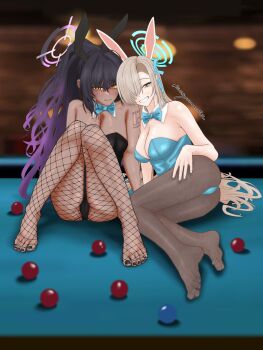2girls absurdres animal_ears asuna_(blue_archive) asuna_(bunny)_(blue_archive) black_hair blonde_hair blue_archive blue_eyes breasts cleavage dark-skinned_female dark_skin fake_animal_ears feet fishnets grin hair_over_one_eye hand_on_own_thigh highres karin_(blue_archive) karin_(bunny)_(blue_archive) kosyomochi long_hair looking_at_viewer multiple_girls nail_polish pantyhose playboy_bunny ponytail pool_table smile soles table toenail_polish toenails toes yellow_eyes