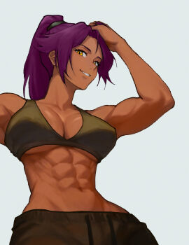 1girl abs bleach breasts dark-skinned_female dark_skin highres large_breasts muscular muscular_female ponytail purple_hair shihouin_yoruichi sira_(si12o2) solo toned toned_female yellow_eyes