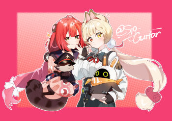 2girls absurdres alice_thymefield animal_ears bangboo_(zenless_zone_zero) black_gloves black_sailor_collar blonde_hair braid cardigan collared_shirt eous_(zenless_zone_zero) fingerless_gloves gloves green_skirt highres holding_raccoon kamanosuke_(zenless_zone_zero) long_hair looking_at_viewer low_twin_braids low_twintails multiple_girls pink_cardigan rabbit_ears rabbit_girl red_hair sailor_collar shigure_(sigre) shirt skirt smile twin_braids twintails ukinami_yuzuha very_long_hair white_shirt zenless_zone_zero