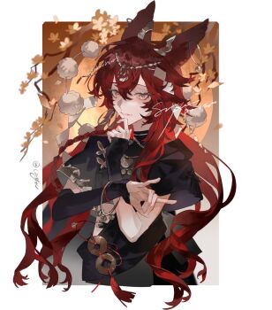 1girl animal_ear_fluff animal_ears braid chinese_clothes fox_ears hair_between_eyes hair_ornament highres jewelry liulianjingrua long_hair looking_at_viewer original pom_pom_(clothes) red_hair short_sleeves solo tassel upper_body