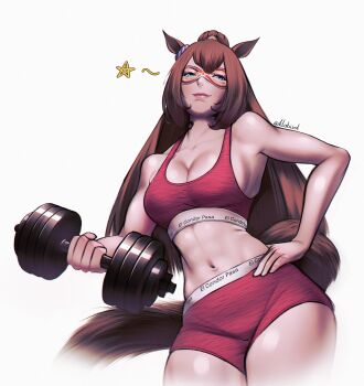 1girl absurdres animal_ears blue_eyes boyshort_panties brown_hair character_name closed_mouth clothes_writing commentary domino_mask double-parted_bangs dumbbell el_condor_pasa_(umamusume) english_commentary eye_mask from_below hand_on_own_hip high_ponytail highres holding holding_dumbbell horse_ears horse_girl horse_tail klabisot long_hair looking_at_viewer looking_down mask midriff muscular muscular_female navel panties ponytail red_mask red_panties red_sports_bra simple_background smile solo sports_bra sports_panties star_(symbol) tail umamusume underwear upper_body white_background white_trim