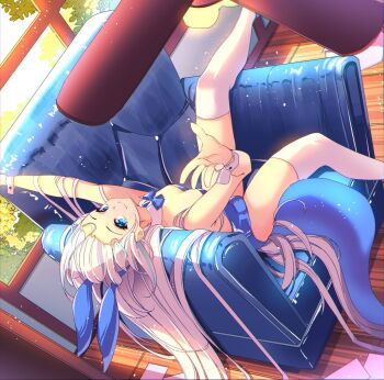 1girl animal_ears blue_eyes blue_hair blue_leotard breasts ceiling_fan collar couch day detached_collar fake_animal_ears fins fish_tail gawr_gura grey_hair hair_spread_out highres hololive hololive_english leotard long_hair looking_at_viewer lying medium_breasts multicolored_hair on_back on_couch playboy_bunny rabbit_ears shark_girl shark_tail small_breasts smile solo strapless strapless_leotard streaked_hair sunlight tail the0neulost thighhighs ventilator very_long_hair virtual_youtuber white_collar white_hair white_thighhighs white_wrist_cuffs window wooden_floor wrist_cuffs