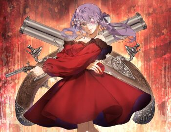 Rule 34 | 1girl, absurdres, amae gurih, antique firearm, blue eyes, breasts, closed mouth, commentary, dress, english commentary, eyepatch, fire!!! (synthesizer v), firearm, firelock, flintlock, food, frilled dress, frills, fruit, gun, handgun, highres, holding, holding food, holding fruit, holding gun, holding weapon, indie utaite, long hair, long sleeves, medium breasts, off-shoulder dress, off shoulder, pomegranate, purple hair, rachie (utaite), red background, red dress, smile, solo, twintails, weapon