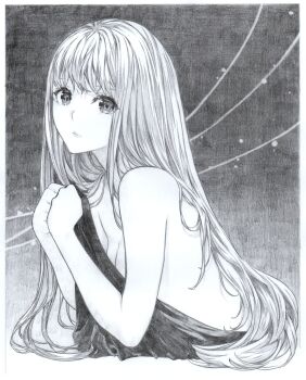 1girl blanket border breasts cleavage closed_mouth commentary_request covering_breasts covering_privates cropped_torso expressionless from_side graphite_(medium) greyscale hands_up highres holding holding_blanket looking_at_viewer looking_to_the_side meeya monochrome nude original solo traditional_media wispy_bangs