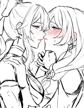 Rule 34 | 2girls, blush, commentary, cross, cross earrings, earrings, genshin impact, hair over shoulder, hand on another's shoulder, highres, imminent kiss, jean (genshin impact), jewelry, lineart, lisa (genshin impact), long hair, multiple girls, parted lips, yumiluna25, yuri