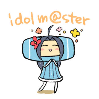 1girl ahoge blue_hair blush_stickers chan_co closed_eyes copyright_name flower full_body hair_flower hair_ornament idolmaster idolmaster_(classic) idolmaster_1 katamari_damacy long_hair miura_azusa namco open_mouth parody red_flower simple_background solo standing white_background