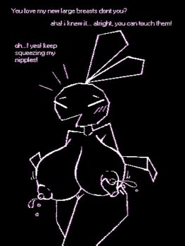 absurdres black_background black_skin blush breasts closed_eyes colored_skin disembodied_hand ears_up english_text furry grabbing_another&#039;s_breast groping hand_on_breast highres huge_breasts jjjetter lactation milk open_mouth pixel_art pussy rabbit simple_background solo talking thick_thighs thighs third-party_edit topless_female vib-ribbon vibri_(vib-ribbon)