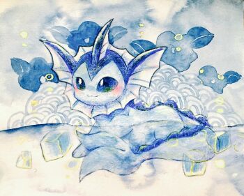 Rule 34 | :3, animal focus, blue theme, bright pupils, gen 1 pokemon, ice, ice cube, nintendo, no humans, non (kumakawayusu), painting (medium), pokemon, pokemon (creature), seigaiha, solo, traditional media, vaporeon, watercolor (medium), white pupils