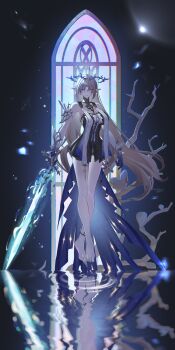 Rule 34 | 1girl, absurdres, bare legs, bare shoulders, barefoot, black collar, black dress, blonde hair, blue eyes, breasts, closed mouth, collar, commentary, crown of thorns, dress, earrings, fleurdelys (wuthering waves), floating earrings, full body, highres, holding, holding sword, holding weapon, horns, jewelry, large breasts, legs, long hair, long horns, long legs, looking at viewer, necklace, paszuto, pointy ears, reflection, reflective liquid, sidelocks, single horn, solo, sword, tabard, tacet mark (wuthering waves), toes, very long hair, weapon, white tabard, wuthering waves, yellow horns