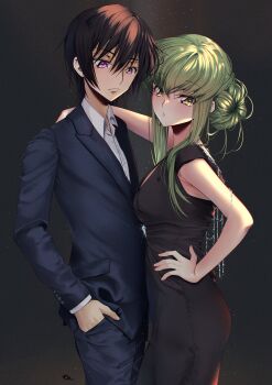 1boy 1girl absurdres alternate_costume alternate_hairstyle armpit_crease black_dress black_hair black_pants black_suit blush breasts budgiepon c.c. closed_mouth code_geass collared_shirt couple cowboy_shot dress formal_clothes green_hair hair_between_eyes hair_bun hair_over_shoulder hand_in_pocket hand_on_own_hip highres lelouch_vi_britannia long_hair looking_at_viewer medium_breasts pants parted_lips purple_eyes shirt short_hair sidelighting sidelocks simple_background single_hair_bun sleeveless sleeveless_dress suit white_shirt yellow_eyes