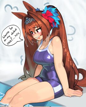 1girl animal_ears blue_one-piece_swimsuit blush bow breasts brown_hair commentary competition_school_swimsuit confession covered_navel daiwa_scarlet_(umamusume) ear_ornament ear_ribbon english_commentary hair_between_eyes hair_intakes highres horse_ears horse_girl horse_tail large_breasts linnees_waos long_hair meme one-piece_swimsuit open_mouth pool red_eyes rizz_(meme) school_swimsuit single_vertical_stripe smile solo swimsuit tail tiara tracen_swimsuit twintails umamusume very_long_hair zoomer_slang