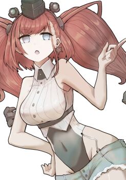 1girl anchor_hair_ornament atlanta_(kancolle) black_hat blue_eyes boushi-ya breasts brown_hair commentary_request covered_navel denim denim_shorts earrings garrison_cap hair_ornament hand_on_own_hip hat headgear highres index_finger_raised jewelry kantai_collection large_breasts long_hair one-piece_swimsuit open_mouth short_shorts shorts simple_background single_earring solo star_(symbol) star_earrings swimsuit swimsuit_under_clothes two_side_up white_background