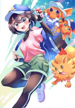 Rule 34 | 1girl, :3, absurdres, backpack, bag, black bodysuit, black hair, blue bag, blue eyes, blue hat, bodysuit, bodysuit under clothes, breasts, closed mouth, clothed pokemon, commentary, fangs, female protagonist (pokemon ww), fingerless gloves, floral print, floral print shirt, flower, gen 10 pokemon, gen 1 pokemon, gloves, green shorts, grey eyes, hat, hat flower, highres, holding, holding poke ball, layered sleeves, long sleeves, looking at viewer, mr. windychu, ms. wavychu, nintendo, open mouth, orange fur, pikachu, pink shirt, poke ball, poke ball (basic), pokemon, pokemon (creature), pokemon ww, pombon, purple-tinted eyewear, shirt, short hair, short over long sleeves, short sleeves, shorts, small breasts, smile, sunglasses, tail, teeth, tinted eyewear, tongue, upper teeth only, white-framed eyewear, yukimaru (jvje4777)