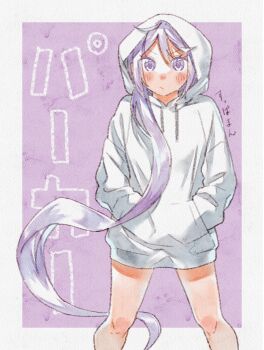 Rule 34 | 1girl, akebono (kancolle), alternate costume, commentary request, dress, feet out of frame, hands in pockets, hood, hooded dress, hooded sweater, kantai collection, purple eyes, purple hair, side ponytail, solo, standing, suppaman (rfjy), sweater, sweater dress, white sweater