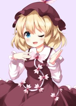 Rule 34 | 1girl, ;d, alice margatroid, blonde hair, blue eyes, blush, brown dress, brown hat, commentary request, cosplay, dress, hands up, hat, highres, long sleeves, looking at viewer, mystia lorelei, mystia lorelei (cosplay), one eye closed, open mouth, purple background, ruu (tksymkw), short hair, simple background, smile, solo, touhou, upper body, winged hat