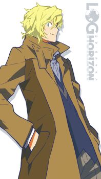 Rule 34 | 10s, 1boy, blonde hair, coat, green eyes, hand in pocket, hara kazuhiro, log horizon, lunderhaus cord, male focus, official art, solo