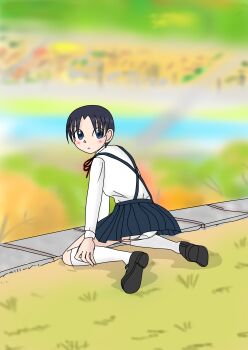 1girl ass black_hair black_shoes black_skirt blue_eyes blush city cityscape from_behind grass kneehighs loli long_sleeves looking_at_viewer looking_back mary_janes neck_ribbon original panties red_ribbon ribbon river school_uniform sexless2012 shirt shoes short_hair sitting skirt socks suspender_skirt suspenders tree underwear water white_panties white_shirt white_socks