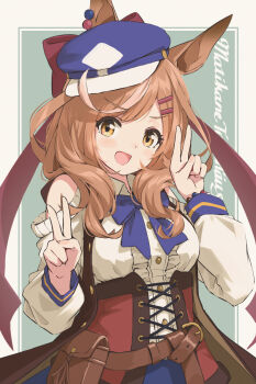 1girl animal_ears belt blue_bow blue_bowtie blue_hat blue_skirt bow bowtie brown_belt brown_eyes brown_hair center_frills character_name clothing_cutout collared_shirt commentary double_v ear_bow ears_through_headwear frills hair_ornament hairclip hat highres horse_ears horse_girl long_sleeves looking_at_viewer matikanetannhauser_(panpaka_tiltott)_(umamusume) matikanetannhauser_(umamusume) medium_hair mikuru_ism newsboy_cap open_mouth pouch red_bow red_bowtie shirt shoulder_cutout skirt smile solo text_background tilted_headwear umamusume underbust upper_body v white_shirt