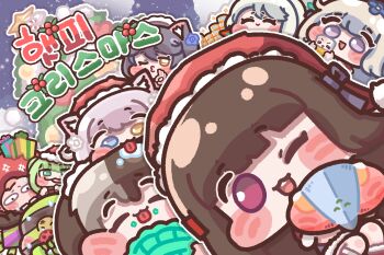 2boys absurdres aisha_(last_origin) animal_ears artist_self-insert black_hair blue_eyes blunt_bangs blush_stickers brown_hair canned_tuna cat_ears cat_girl chibi christmas christmas_ornaments christmas_tree closed_eyes colored_skin fatima_(last_origin) food gm_orangeade green_eyes green_hair green_skin grey_eyes grey_hair hachiko_of_castling hair_ornament hat highres last_origin lindwurm_(last_origin) long_hair maid_headdress merry_christmas metalp multiple_boys multiple_girls ok_sign one_eye_closed orc perrault_(last_origin) pie poi_(last_origin) purple_eyes santa_hat scissors_lise smile snow snowflakes snowing tongue tongue_out white_hair yellow_eyes