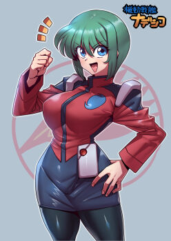 1girl black_pantyhose blue_eyes breasts green_hair highres kidou_senkan_nadesico looking_at_viewer open_mouth pantyhose short_hair skirt smile solo subaru_ryoko tukiwani