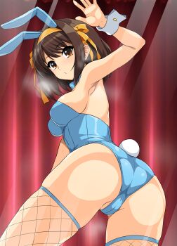 1girl :o absurdres alternate_costume animal_ears ass blue_bow blue_bowtie blue_leotard bow bowtie breasts brown_eyes brown_hair commentary_request fake_animal_ears fake_tail fishnet_thighhighs fishnets from_below from_side hairband haruhisky highres huge_ass leotard looking_at_viewer looking_back medium_breasts medium_hair parted_lips playboy_bunny rabbit_ears rabbit_tail ribbon solo standing suzumiya_haruhi suzumiya_haruhi_no_yuuutsu tail thighhighs white_wrist_cuffs wrist_cuffs yellow_hairband yellow_ribbon