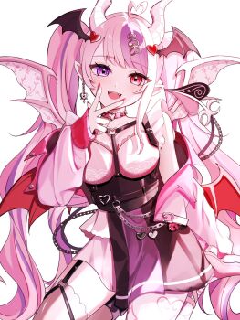 1girl ahoge black_skirt breasts chain chest_strap choker commentary demon_girl demon_horns demon_tail demon_wings hair_ornament head_wings heart heart_ahoge heart_hair_ornament heart_o-ring heterochromia highres horns ironmouse ironmouse_(15th_costume) jacket long_hair looking_at_viewer mare_o000 medium_breasts multicolored_hair o-ring o-ring_choker pink_choker pink_eyes pink_hair pink_jacket pointy_ears purple_eyes purple_hair purple_streaks skirt spiked_choker spikes streaked_hair tail twintails untranslatable_commentary v v_over_mouth virtual_youtuber vshojo white_horns wings