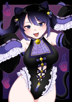 Rule 34 | 1girl, :3, :d, absurdres, alternate costume, animal ears, bare legs, bare shoulders, bell, black border, black hair, black leotard, black one-piece swimsuit, black tail, blue ribbon, blush, border, breasts, buttons, cat ears, cat girl, cat tail, chinese clothes, clothing cutout, colored tips, cowboy shot, detached sleeves, diffraction spikes, electrclcode, floating hair, frilled leotard, frilled sleeves, frills, gradient background, gradient hair, hair bell, hair ornament, hair ribbon, halloween, heattech leotard, highres, jiangshi, jingle bell, jingle bell earrings, large breasts, leaning to the side, lens flare, leotard, light blush, long sleeves, looking at viewer, multicolored hair, multicolored leotard, multicolored one-piece swimsuit, multicolored swimsuit, navel cutout, neck bell, one-piece swimsuit, open mouth, original, paw pose, pink background, purple background, purple eyes, purple hair, purple leotard, purple one-piece swimsuit, ribbon, sidelocks, sleeves past fingers, sleeves past wrists, smile, solo, stomach cutout, swept bangs, swimsuit, tail, thighs, tongue, turtleneck, twintails, two-tone background, two-tone hair, two-tone leotard, two-tone one-piece swimsuit, two-tone swimsuit, unzipped, wide sleeves, will-o'-the-wisp (mythology), zipper
