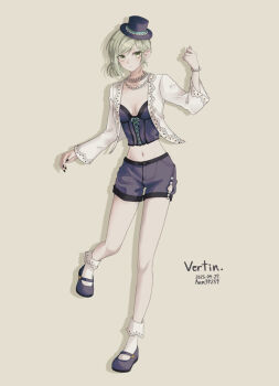 1girl absurdres alternate_costume anm39259 artist_name black_hat black_nails black_shoes breasts breasts_apart bustier character_name closed_mouth commentary dated drop_shadow earrings frilled_socks frills full_body grey_background grey_eyes grey_hair hair_bun hand_up hat highres jacket jewelry leg_up looking_at_viewer mary_janes medium_breasts midriff mini_hat mini_top_hat navel necklace pearl_hair_ornament pearl_necklace purple_bustier purple_shorts reverse:1999 shoes short_hair shorts single_side_bun socks solo standing standing_on_one_leg stud_earrings top_hat vertin_(reverse:1999) white_jacket white_socks