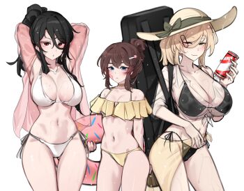 Rule 34 | 3girls, ;), absurdres, arm behind back, arms behind head, bag, bandit-chan (k0ng), bikini, black bag, black bikini, black hair, blonde hair, blue eyes, bow, breasts, brown hair, can, choker, collarbone, collared shirt, dot nose, drink can, empty eyes, frilled bikini, frills, frown, gluteal fold, green bow, green eyes, hair between eyes, hair bun, hair intakes, hair ornament, hairclip, hat, hat bow, high ponytail, highres, holding, holding bag, holding can, holding swim ring, innertube, jewelry, k0ng, large breasts, light blush, loner-chan (k0ng), looking at viewer, merc-san (k0ng), multiple girls, navel, necklace, off shoulder, one eye closed, original, ponytail, red eyes, see-through clothes, see-through shirt, shirt, short hair with long locks, simple background, sleeves rolled up, small breasts, smile, soda can, spaghetti strap, sticker, sticker on face, sun hat, swim ring, swimsuit, thick eyebrows, tsurime, water drop, wet, white background, white bikini, yellow bikini, yellow choker, yellow hat