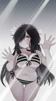 Rule 34 | 1girl, against fourth wall, against glass, aria wintermint, bikini, black hair, breast press, breasts, checkered background, commentary, cowboy shot, english commentary, flying sweatdrops, front-tie bikini top, front-tie top, green bikini, green eyes, hair over one eye, highres, large breasts, long hair, looking at viewer, navel, parororo, parted lips, side-tie bikini bottom, solo, striped bikini, striped clothes, swimsuit, the crawling city