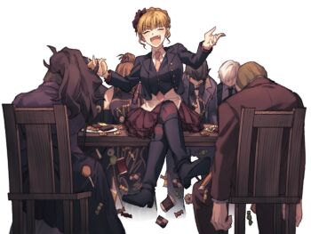 Rule 34 | 3boys, 4girls, :d, arms up, beatrice (umineko), black boots, black hair, blonde hair, boots, brown hair, candy, chair, closed eyes, crossed legs, death, dress, fang, flower, food, formal clothes, hair flower, hair ornament, highres, hswoimuxk0pwr0h (bbdan), multiple boys, multiple girls, necktie, on chair, on table, open mouth, pink necktie, ponytail, red flower, red rose, red skirt, rose, sidelocks, sitting, skirt, smile, spoilers, striped clothes, striped thighhighs, suit, table, thighhighs, turn of the golden witch, umineko no naku koro ni, ushiromiya eva, ushiromiya hideyoshi, ushiromiya krauss, ushiromiya kyrie, ushiromiya natsuhi, ushiromiya rudolf, white hair