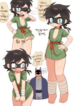 1boy 1girl ;d bandaged_arm bandages barefoot batman batrobin_k black_hair blue_eyes blush choker dc_comics domino_mask eye_mask fang flat_chest hand_on_own_hip highres japanese_clothes korean_text looking_at_viewer mask multiple_views one_eye_closed open_mouth original red_choker robin_(batrobin_k) simple_background skin_fang smile speech_bubble standing sweatdrop translation_request white_background
