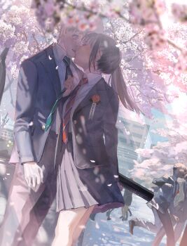 Rule 34 | 1girl, 3boys, 3others, absurdres, black footwear, black hair, black jacket, black pants, blazer, blue sky, blurry, breast pocket, cherry blossoms, closed eyes, clothes grab, collared shirt, commentary request, commission, confession, day, depth of field, dutch angle, facing another, graduation, green necktie, highres, jacket, kiss, lapel pin, light rays, long sleeves, looking at another, multiple boys, multiple others, necktie, necktie grab, neckwear grab, original, outdoors, pants, parted lips, pleated skirt, pocket, ponytail, red necktie, school uniform, shirt, short hair, sidelocks, skeb commission, skirt, sky, standing, sunlight, twitter username, ubwmitekure, white shirt