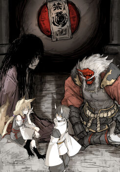 1girl 1other 2boys animal_ears armor bare_shoulders black_sclera blonde_hair blot_plot colored_sclera colored_skin demon_boy detached_sleeves facial_hair fox_ears fox_girl fox_tail gauntlets grey_hair grid_teeth horns japanese_armor japanese_clothes kankan33333 kei_(kankan33333) long_hair long_mustache looking_at_viewer multiple_boys mustache orange_eyes original red_skin rope_belt short_hair sitting sketch smile tail white_sleeves