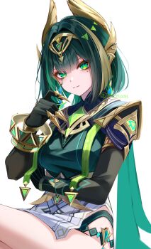 1girl absurdres black_gloves bracelet cape chest_jewel claws closed_mouth commentary_request facial_mark fake_claws genshin_impact gloves green_eyes green_hair green_shirt hair_intakes headpiece highres jewelry looking_at_viewer mole mole_under_eye nefer_(genshin_impact) ryuna_(inc_moon) shirt short_hair simple_background sitting solo symbol-shaped_pupils triangle-shaped_pupils twitter_username upper_body white_background