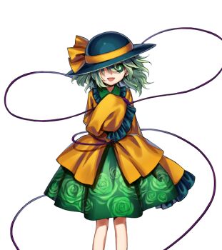 1girl black_boots black_hat boots bow feet_out_of_frame floral_print floral_print_skirt flower frilled_shirt_collar frilled_skirt frilled_sleeves frills green_eyes green_hair green_pupils green_skirt hair_between_eyes hand_up harukawa_moe hat hat_bow heart inverted_triangle_mouth komeiji_koishi long_sleeves looking_at_viewer official_art one_eye_covered open_mouth out_of_frame print_skirt rose rose_print shirt short_hair skirt sleeves_past_fingers sleeves_past_wrists smile solo standing tachi-e third_eye third_eye_on_chest touhou transparent_background urban_legend_in_limbo wide_sleeves yellow_bow yellow_shirt