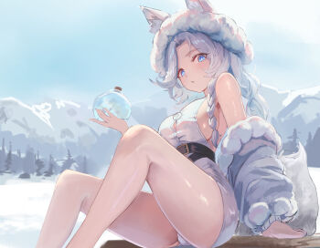 +_+ 1girl absurdres animal_ear_fluff animal_ears ann_(enye5842) bare_shoulders belt black_belt breasts coat commentary commission dress english_commentary fennec_fox hat highres holding holding_potion legs long_hair looking_at_viewer mountain off-shoulder_coat off_shoulder original panties pixiv_commission sideboob sitting underwear white_coat white_eyes white_hair white_hat white_panties winter