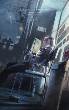 1boy absurdres black_pants bottle ca_mei can cat chain-link_fence chair cityscape closed_mouth crescent_moon fence from_side fuwa_minato fuwa_minato_(2nd_costume) grey_hair hair_between_eyes hashtag-only_commentary highres holding holding_can looking_ahead male_focus moon night nijisanji on_chair outdoors pants parted_bangs purple_eyes sitting skyline solo virtual_youtuber